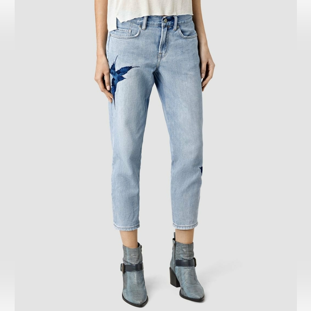ALL SAINTS RELAXED MID RISE BIRD EMBROIDERED JEANS